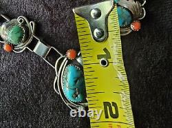 Native American Navajo Style Jewelry Turquoise Coral Necklace Vintage Signed CJI