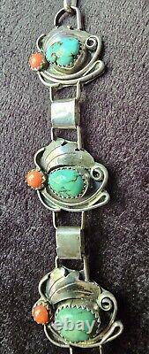 Native American Navajo Style Jewelry Turquoise Coral Necklace Vintage Signed CJI