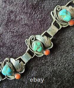 Native American Navajo Style Jewelry Turquoise Coral Necklace Vintage Signed CJI
