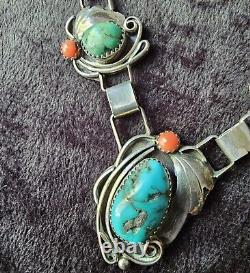 Native American Navajo Style Jewelry Turquoise Coral Necklace Vintage Signed CJI
