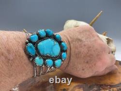 Native American Navajo Turquoise Cluster Cuff Bracelet Sterling 84.2g Signed BH