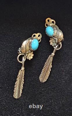 Native American Navajo Turquoise Silver Feather Screw Earrings Vintage Jewelry