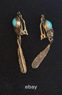 Native American Navajo Turquoise Silver Feather Screw Earrings Vintage Jewelry