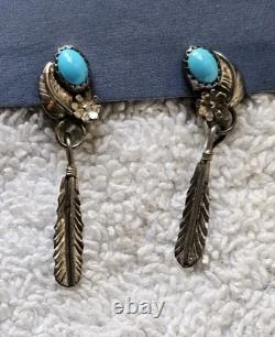 Native American Navajo Turquoise Silver Feather Screw Earrings Vintage Jewelry