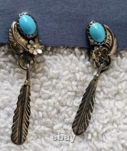 Native American Navajo Turquoise Silver Feather Screw Earrings Vintage Jewelry