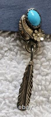 Native American Navajo Turquoise Silver Feather Screw Earrings Vintage Jewelry