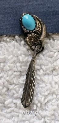 Native American Navajo Turquoise Silver Feather Screw Earrings Vintage Jewelry
