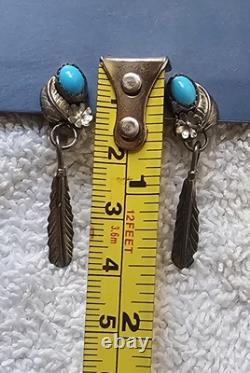 Native American Navajo Turquoise Silver Feather Screw Earrings Vintage Jewelry