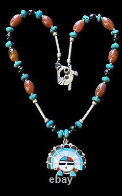 Native American Necklace Artist Zuni JM Black Onyx Turquoise and Carnelian Sun