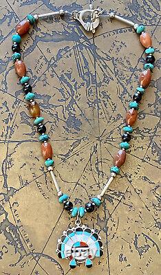 Native American Necklace Artist Zuni JM Black Onyx Turquoise and Carnelian Sun