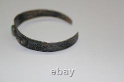 Native American Old Vintage Cuff Bracelet Round Turquoise Cabochon 925 Fine 6409
