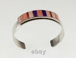 Native American Pink Coral & Sugilite Inlay Sterling Sil. Cuff Bracelet Signed