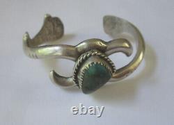 Native American Sand Cast Cuff Bracelet Sterling & Turquoise Antlers Theme VTG