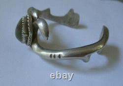 Native American Sand Cast Cuff Bracelet Sterling & Turquoise Antlers Theme VTG