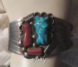 Native American Signed Silver Turquoise Coral Bracelet Vintage Southwest Jewelry
