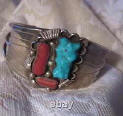Native American Signed Silver Turquoise Coral Bracelet Vintage Southwest Jewelry
