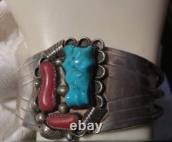 Native American Signed Silver Turquoise Coral Bracelet Vintage Southwest Jewelry