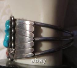 Native American Signed Silver Turquoise Coral Bracelet Vintage Southwest Jewelry