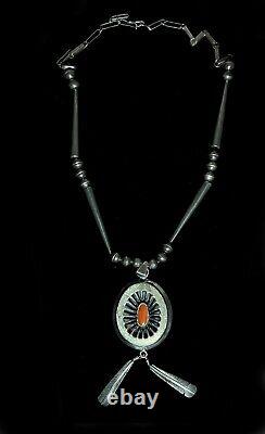 Native American Sterling Silver Al Joe Navajo Coral Pendant Vintage Necklace
