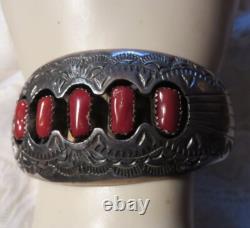 Native American Sterling Silver & Coral Signed Cuff Bracelet Vintage Jewelry