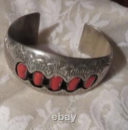 Native American Sterling Silver & Coral Signed Cuff Bracelet Vintage Jewelry