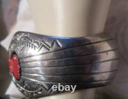 Native American Sterling Silver & Coral Signed Cuff Bracelet Vintage Jewelry
