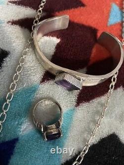 Native American Sterling Silver Jewelry Set Purple Amethyst Vintage Navajo Art