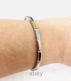 Native American Sterling Silver Multi Gemstone Cuff Bracelet Vintage Jewelry