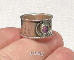 Native American Sterling Silver Wide Band Ring Amethyst Cab Vintage Band Size 7