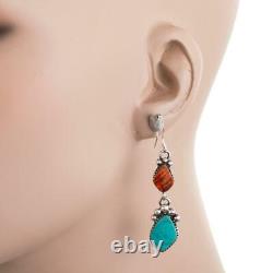 Native American TURQUOISE Earrings Sterling Silver Orange Spiny Oyster Dangles