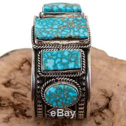 Native American Turquoise Bracelet Sterling Silver Natural HEAVY Row ALBERT JAKE