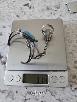 Native American Turquoise Slave Hand Bracelet 4.5 with Ring Size 7.5, 31.4g
