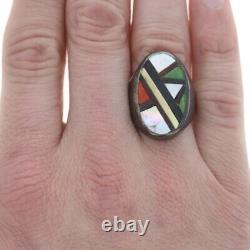 Native American Vintage Mother of Pearl Turquoise Men's Ring Sterling Sz 10 3/4