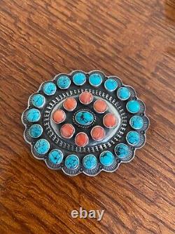 Native American Vintage Navajo Turquoise Spiny Oyster Cluster Silver Pin Brooch
