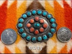 Native American Vintage Navajo Turquoise Spiny Oyster Cluster Silver Pin Brooch