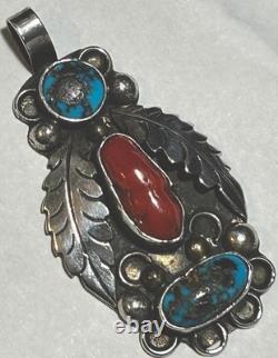 Native American Vintage Sterling Silver Turquoise Coral Stone Tribal Pendant