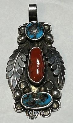 Native American Vintage Sterling Silver Turquoise Coral Stone Tribal Pendant
