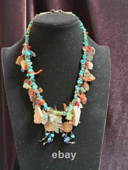 Native American Vintage Treasure Necklace Coins Bears Turquoise Coral
