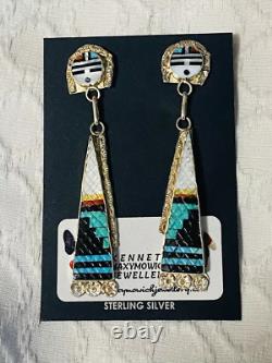 Native American Vintage Zuni Eldred Martinez Signed Sunface Corn Maiden Earrings