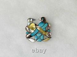 Native American Zuni Jack Mahkee Vintage Birds Flowers Turquoise Pin Pendant