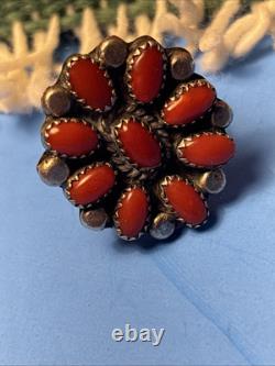 Native American Zuni Mediterranean Coral Cluster Vtg Ring Sterling Silver 7.25