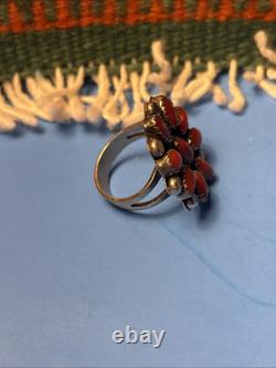 Native American Zuni Mediterranean Coral Cluster Vtg Ring Sterling Silver 7.25