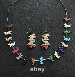 Native American Zuni Navajo Fetish Vtg Animals Necklace Matching Earrings Set