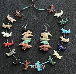 Native American Zuni Navajo Fetish Vtg Animals Necklace Matching Earrings Set