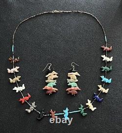 Native American Zuni Navajo Fetish Vtg Animals Necklace Matching Earrings Set