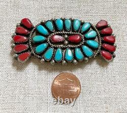 Native American Zuni Vintage pin/brooch red coral/ turquoise on nickel silver