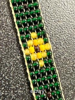 Native American beaded leather vintage handmade necklace STORMIE green yellow