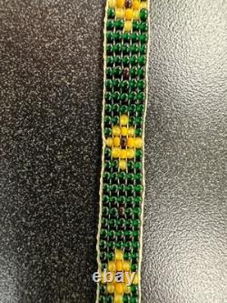 Native American beaded leather vintage handmade necklace STORMIE green yellow