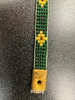 Native American beaded leather vintage handmade necklace STORMIE green yellow