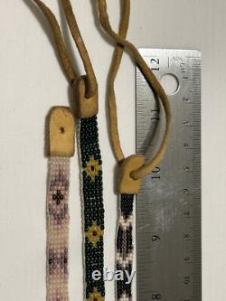 Native American beaded leather vintage handmade necklace STORMIE green yellow